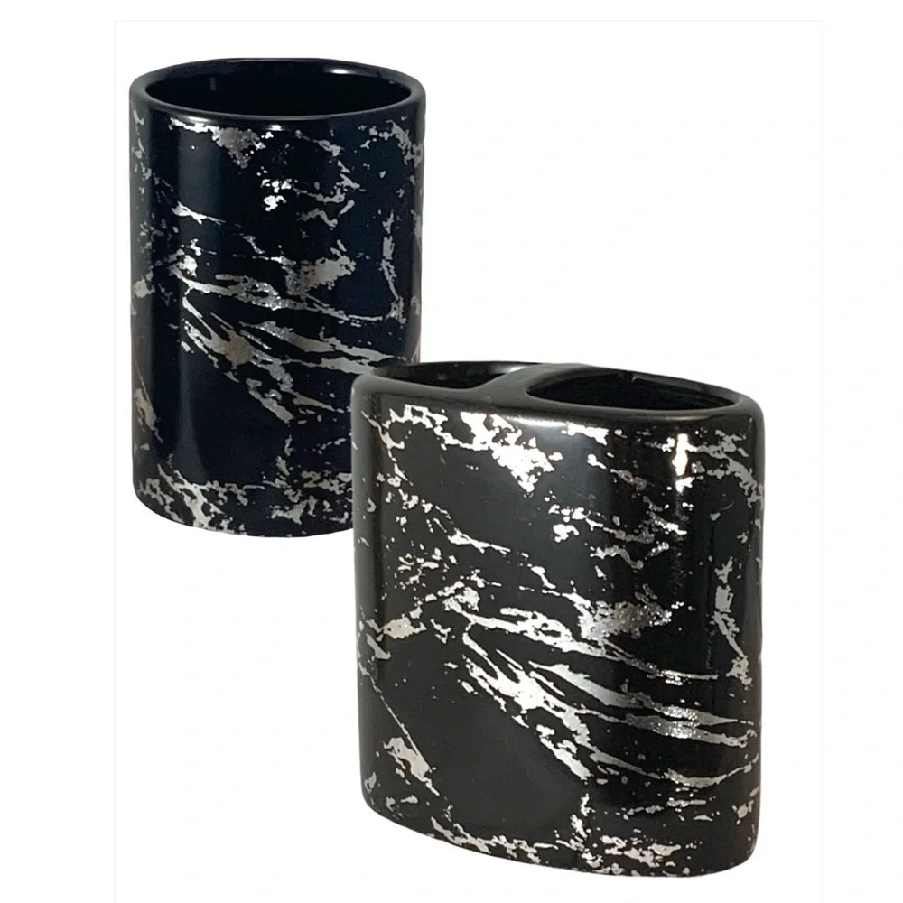 Today’s Living Black Metallic Marble Bathroom Accessories Ceramic Black Silver